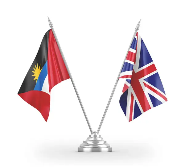 Bandeiras de tabela do Reino Unido e Antígua e Barbuda isoladas em renderização 3D branca — Fotografia de Stock