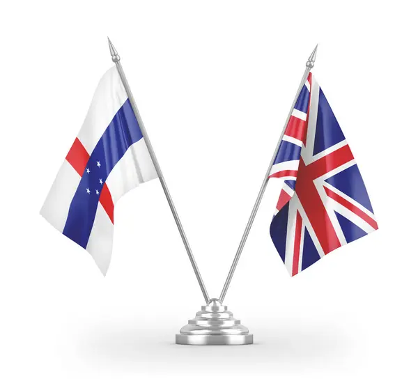 Bandeiras de mesa de Antilhas do Reino Unido e Países Baixos isoladas em renderização 3D branca — Fotografia de Stock