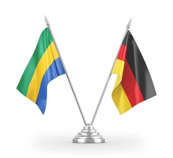 Bandiere da tavolo Germania e Gabon isolate su rendering 3D bianco — Foto Stock