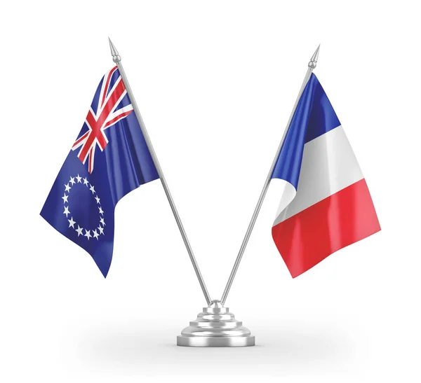 Banderas de mesa de Francia e Islas Cook aisladas en renderizado 3D blanco — Foto de Stock