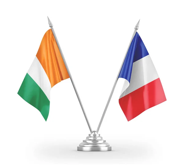 Banderas de mesa de Costa de Marfil de Francia y Costa de Marfil aisladas en renderizado 3D blanco —  Fotos de Stock