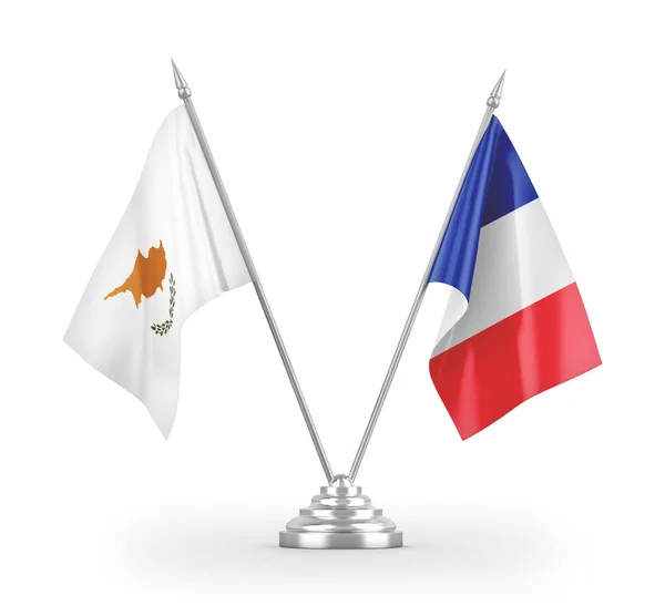 Banderas de mesa Francia y Chipre aisladas en renderizado 3D blanco — Foto de Stock