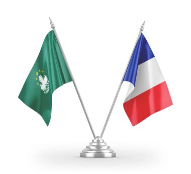 France and Macau table flags isolated on white 3D rendering
