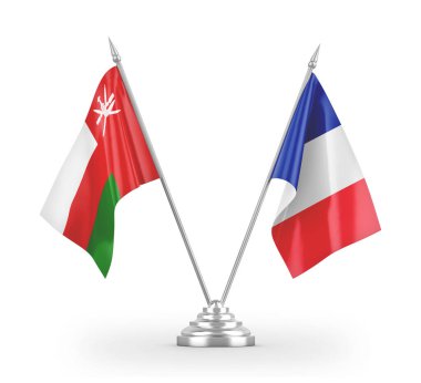 France and Oman table flags isolated on white 3D rendering