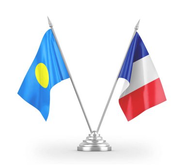 France and Palau table flags isolated on white 3D rendering