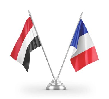 France and Yemen table flags isolated on white 3D rendering