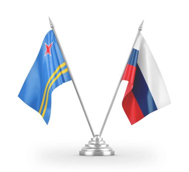 Russia and Aruba table flags isolated on white 3D rendering