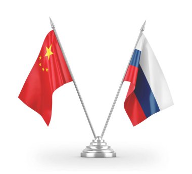 Russia and China table flags isolated on white 3D rendering