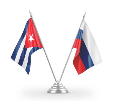 Russia and Cuba table flags isolated on white 3D rendering