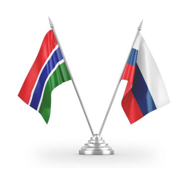 Russia and Gambia table flags isolated on white 3D rendering