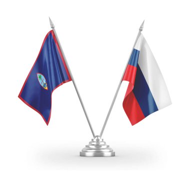 Russia and Guam table flags isolated on white 3D rendering