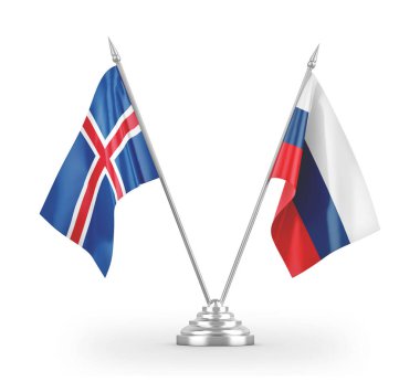 Russia and Iceland table flags isolated on white 3D rendering