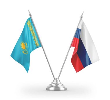 Russia and Kazakhstan table flags isolated on white 3D rendering