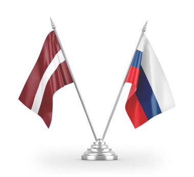 Russia and Latvia table flags isolated on white 3D rendering