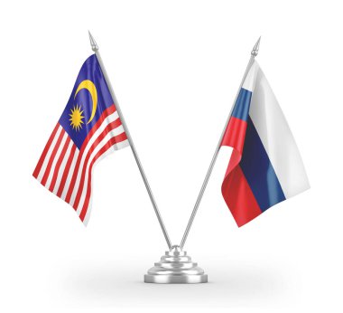 Russia and Malaysia table flags isolated on white 3D rendering