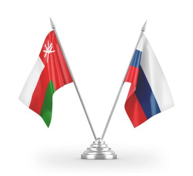 Rusya ve Umman masa bayrakları beyaz 3D görüntülerde izole edildi