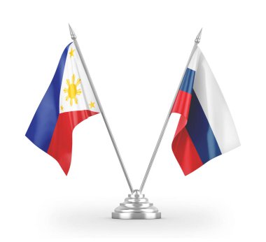 Rusya ve Filipinler masa bayrakları beyaz 3D görüntüleme üzerinde izole edildi