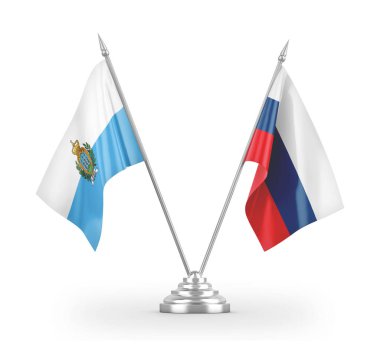 Rusya ve San Marino masa bayrakları beyaz 3D görüntülerde izole edildi