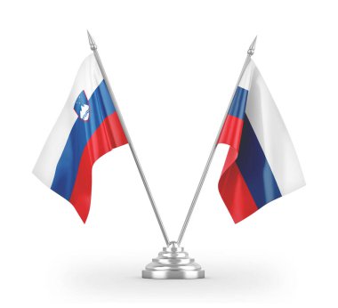 Rusya ve Slovenya masa bayrakları beyaz 3D görüntülerde izole edildi