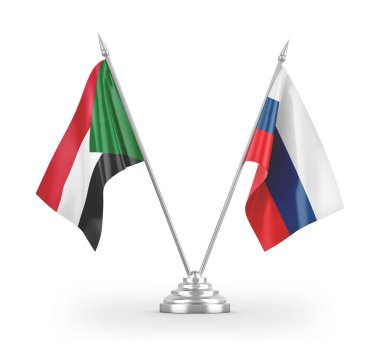 Rusya ve Sudan masa bayrakları beyaz 3D görüntülerde izole edildi