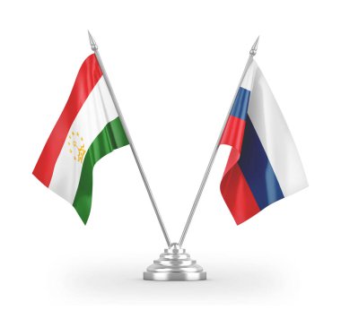 Rusya ve Tacikistan masa bayrakları beyaz 3D görüntülerde izole edildi