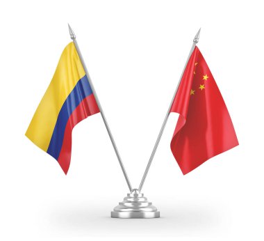 Çin ve Kolombiya masa bayrakları beyaz 3D görüntüleme üzerinde izole
