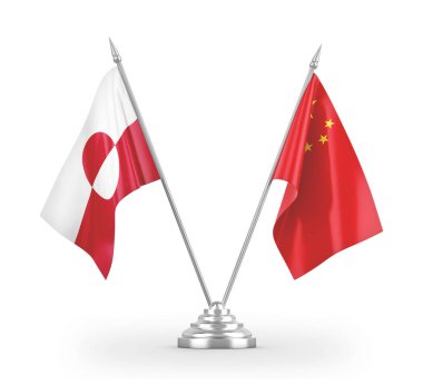 Çin ve Grönland masa bayrakları beyaz 3D görüntülerde izole edildi