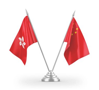 Çin ve Hong Kong masa bayrakları beyaz 3D görüntülerde izole edildi