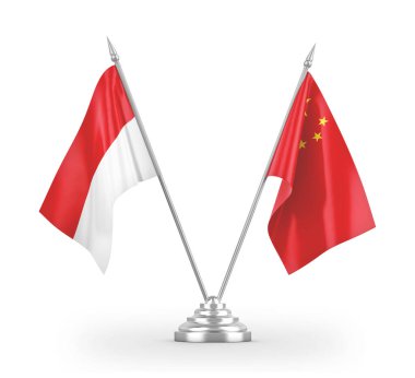 Çin ve Endonezya masa bayrakları beyaz 3D görüntüleme üzerinde izole