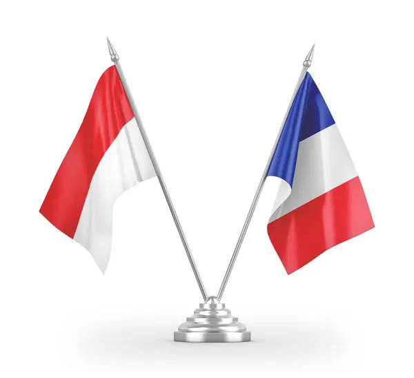 Bandeiras de mesa da França e Indonésia isoladas em renderização 3D branca — Fotografia de Stock