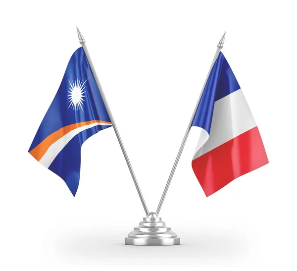 Banderas de mesa de Francia e Islas Marshall aisladas en renderizado 3D blanco — Foto de Stock