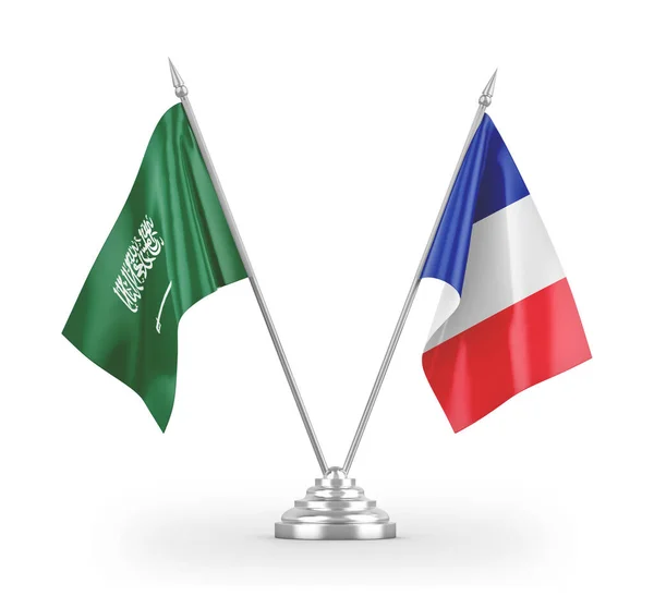 Banderas de mesa de Francia y Arabia Saudita aisladas en renderizado 3D blanco — Foto de Stock