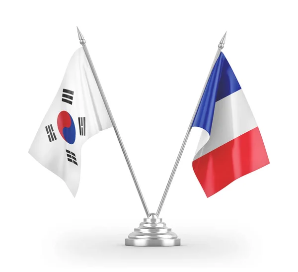 Bandiere da tavolo Francia e Corea del Sud isolate su rendering 3D bianco — Foto Stock