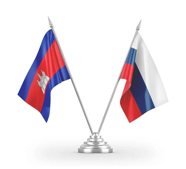 Russia and Cambodia table flags isolated on white 3D rendering — Stok fotoğraf