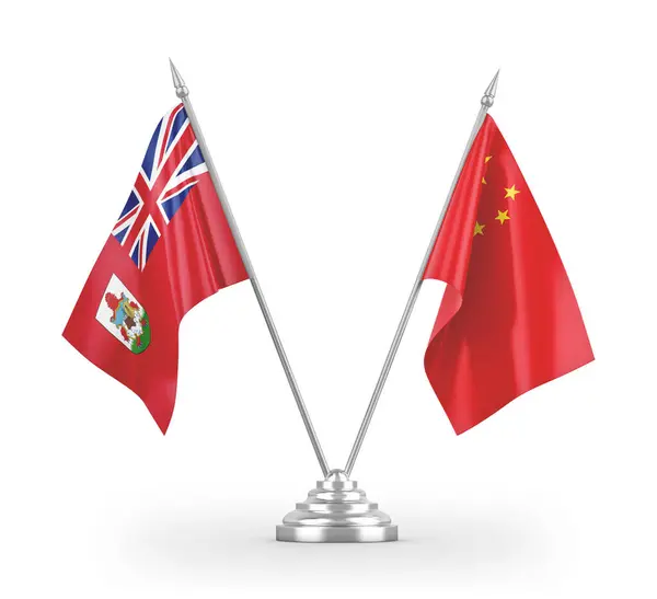 Banderas de mesa de China y Bermudas aisladas en renderizado 3D blanco — Foto de Stock