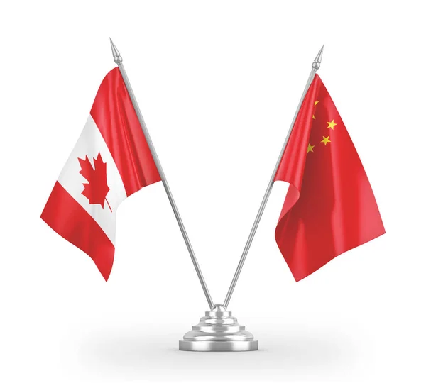 Κίνα και Καναδάς επιτραπέζια σημαίες που απομονώνονται σε λευκό 3d απόδοση — Φωτογραφία Αρχείου
