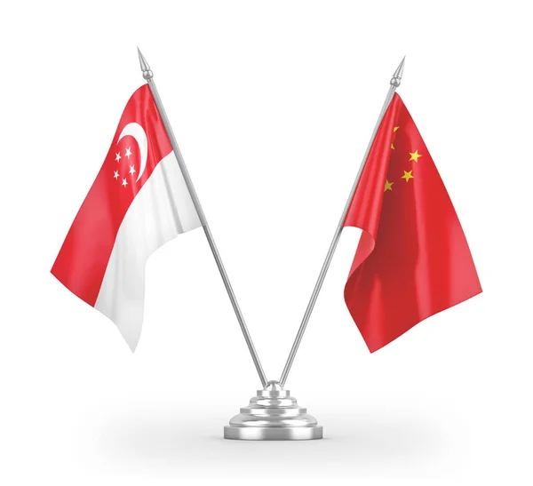 Kina och Singapore bordsflaggor isolerade på vit 3d rendering — Stockfoto
