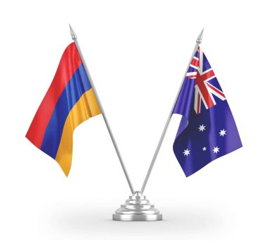 Avustralya ve Ermenistan masa bayrakları beyaz 3D görüntüleme üzerinde izole edildi 