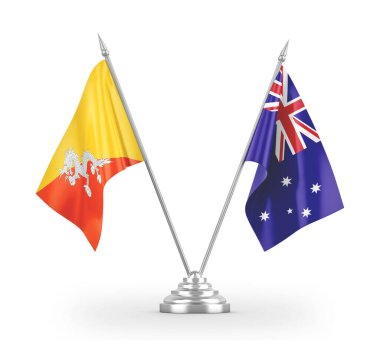 Avustralya ve Bhutan masa bayrakları beyaz 3D görüntüleme üzerinde izole 