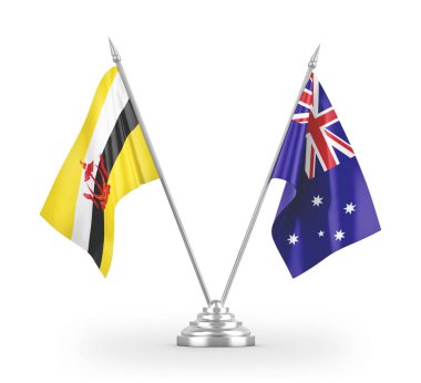 Avustralya ve Brunei masa bayrakları beyaz 3D görüntüleme üzerinde izole