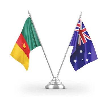Avustralya ve Kamerun masa bayrakları beyaz 3D görüntüleme üzerinde izole edildi 
