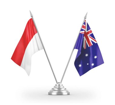 Avustralya ve Endonezya masa bayrakları beyaz 3D görüntüleme üzerinde izole