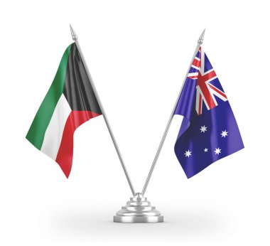 Avustralya ve Kuveyt masa bayrakları beyaz 3D görüntüleme üzerinde izole edildi