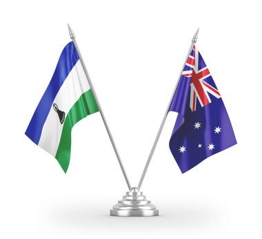 Avustralya ve Lesotho masa bayrakları beyaz 3D görüntüleme üzerinde izole