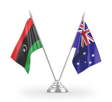 Avustralya ve Libya masa bayrakları beyaz 3D görüntüleme üzerinde izole edildi