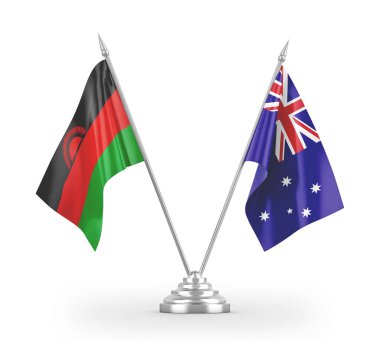 Avustralya ve Malawi masa bayrakları beyaz 3D görüntüleme üzerinde izole