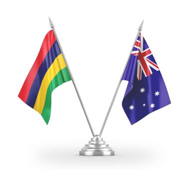 Avustralya ve Mauritius masa bayrakları beyaz 3D görüntüleme üzerinde izole edildi