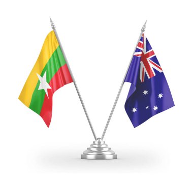Avustralya ve Myanmar masa bayrakları beyaz 3D görüntüleme üzerinde izole