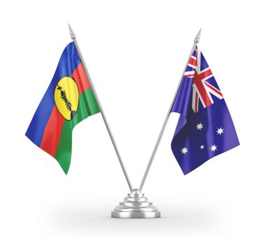 Avustralya ve Yeni Kaledonya masa bayrakları beyaz 3D görüntüleme üzerinde izole edildi