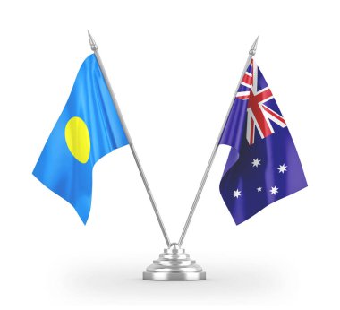 Avustralya ve Palau masa bayrakları beyaz 3D görüntüleme üzerinde izole